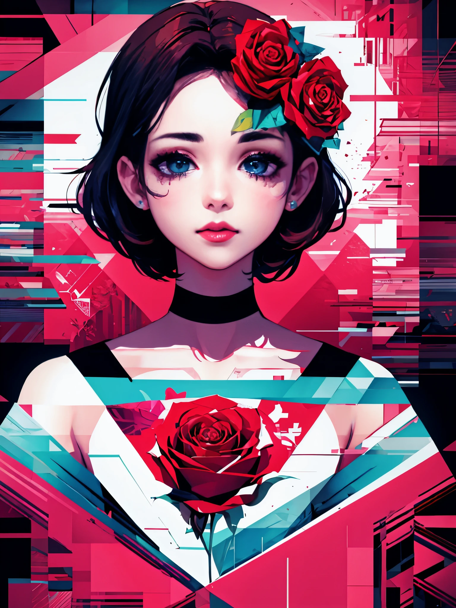 Geometric art, geometric rose, valentine, (glitch:1.4), masterpiece, illustration, girl, close up