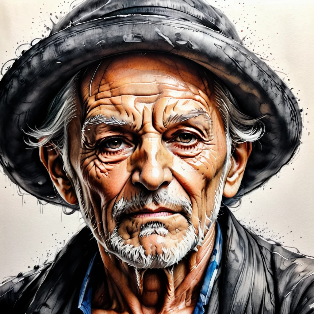 (melhor qualidade, ultra detalhado) , uma pedaço, Velhote, chorando, portret altamente detalhado, desenho a lápis detalhado, retrato detalhado em 4K, pele enrugada (detalhado enrugado), cabelo esbranquiçado, foco nitído,  cor preto-branco, desenho de realismo, fundo de material de papel.