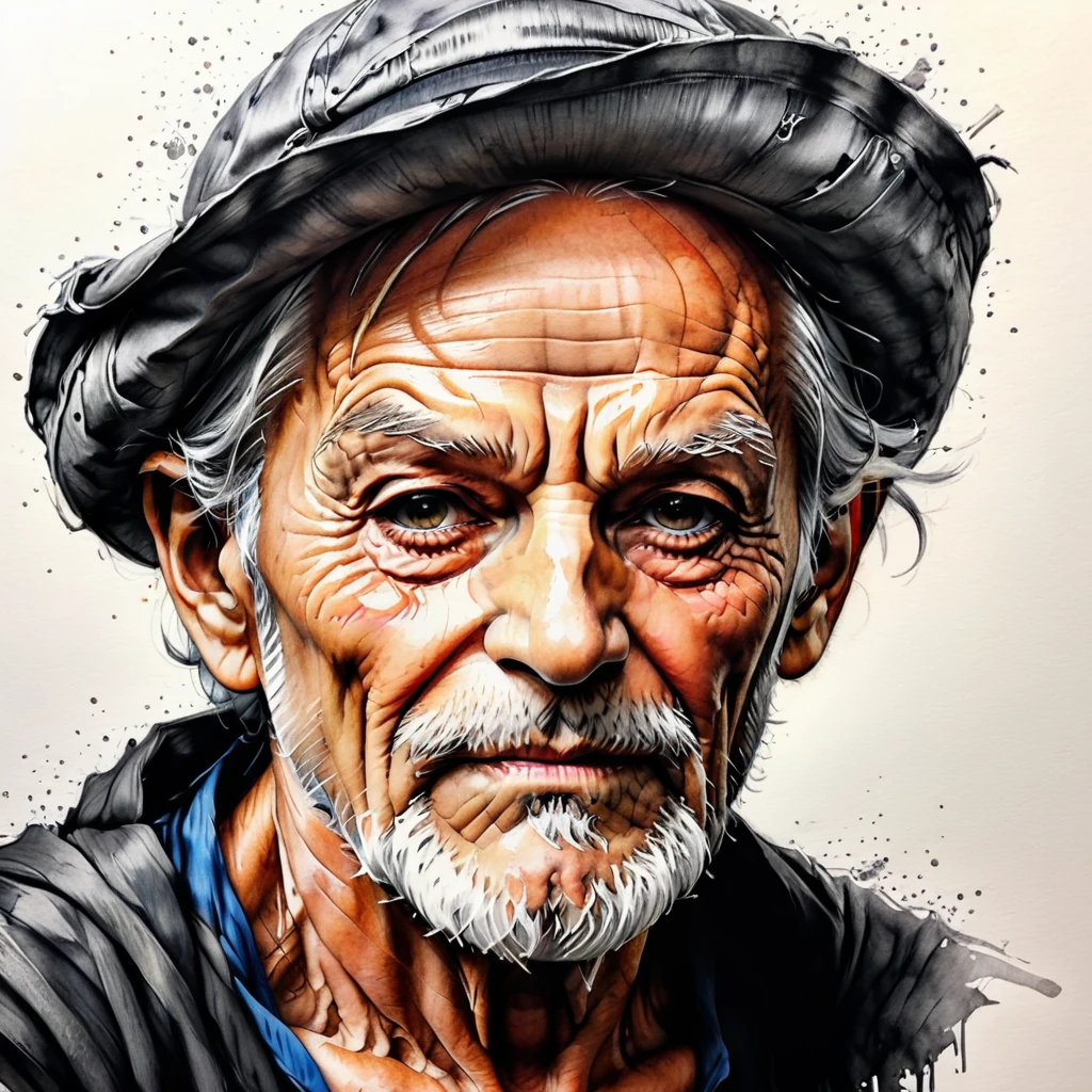 (best quality, ultra detailed) , one piece, old man, craying, haighly detailed portret, detailed pencil sketch, detailed 4K portret, wrinkled skin (detailed wrinkled), whit-gruy hair, sharp focus,  black-white color, realism drawing, paper material background.