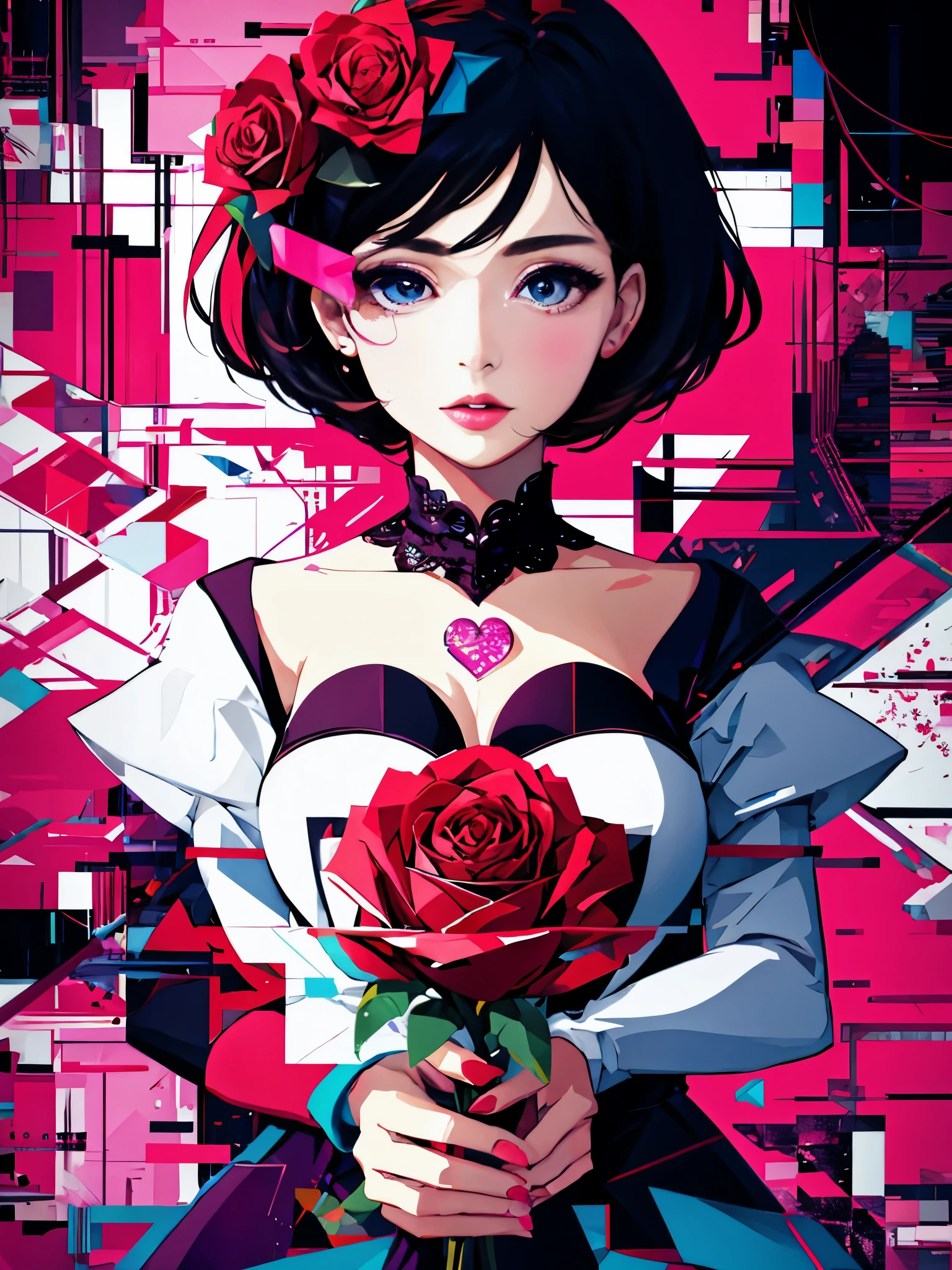 Geometric art, geometric rose, valentine, (glitch:1.4), masterpiece, illustration, girl, close up