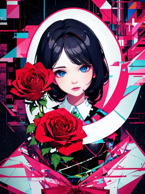 Geometric art, geometric rose, valentine, (glitch:1.4), masterpiece, illustration, girl, close up