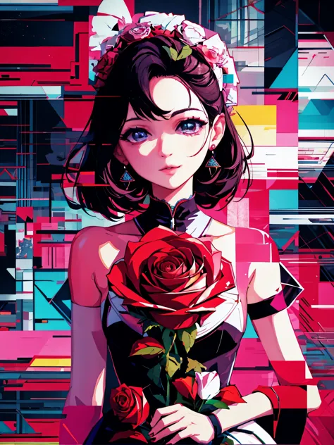 Geometric art, geometric rose, valentine, (glitch:1.4), masterpiece, illustration, girl, close up