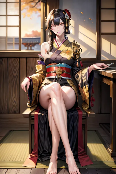 masterpiece, best quality, 1 female teacher, highly discriminatory fashion, miss, sitting, legs crossed, traditional japanese ki...