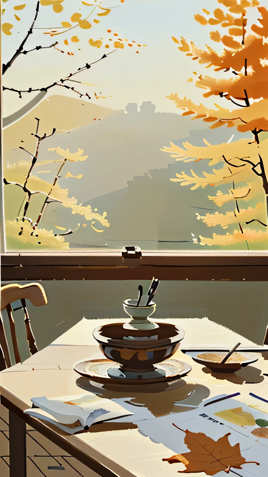 close up，close shot，There was an open book on the table，Maple leaves fall on the book，Sunlight，（Minimalism，simple，concise），no one--v6，Hand drawn illustration，wallpaper，light and shadow，flat illustration， Inspired by Wu Guanzhong, Official illustration