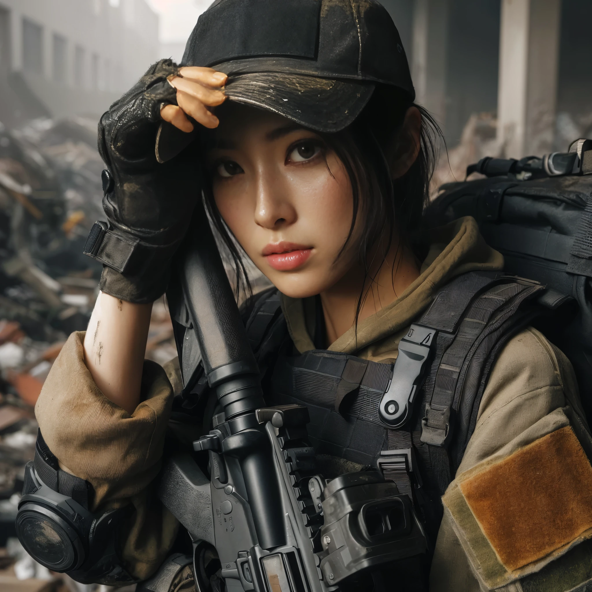 (最高品質,8K,写実的な,リアルな肌の質感), 米国に所属する美しい日本人女性.s. 軍は隠れて反撃の機会を待っている. she is wearing a bulletproof vest, 自動小銃を所持, バックパックと野球帽をかぶっている. 街は廃墟となり瓦礫に覆われている.