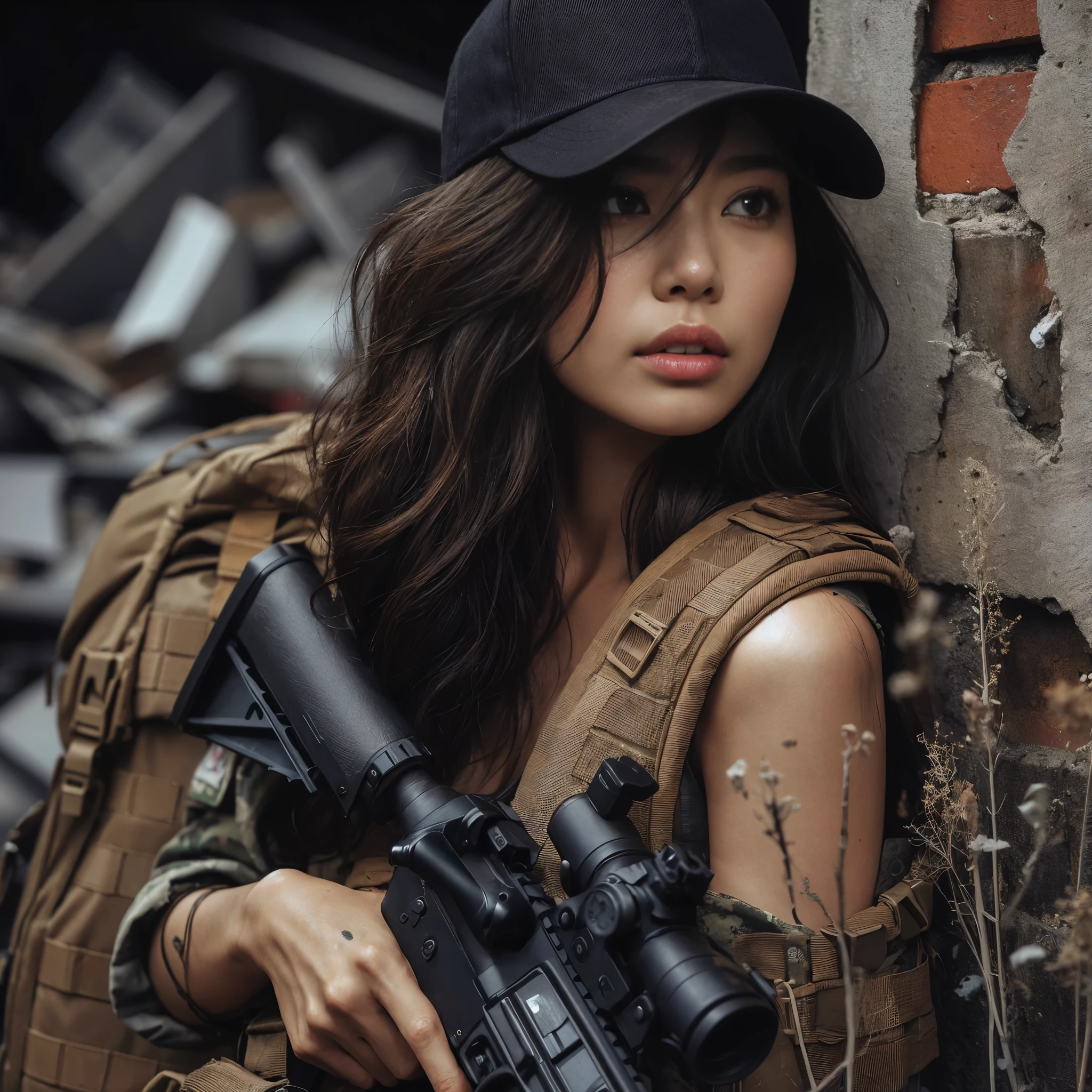 (最好的质量,8千,真实感,逼真的皮肤纹理), 一位美丽的日本女人属于美国.s. 军队正在躲藏并等待反击的机会. she is wearing a bulletproof vest, 拿着自动步枪, 背着背包，戴着棒球帽. 城市已成废墟，废墟遍地.