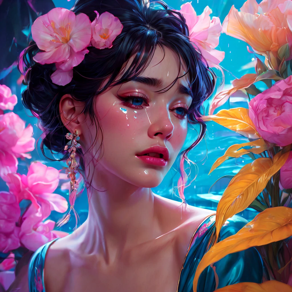 crying, aesthetic, extremely detailed, Crying eyes, sweet, vaporwave aesthetic, synthwave, digital painting, artstation, concept art, smooth, sharp focus, illustration, art by artgerm and greg rutkowski and alphonse mucha