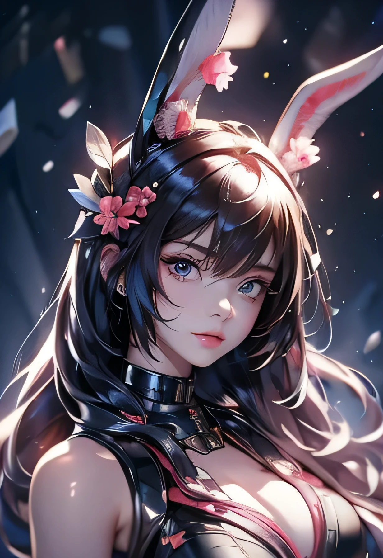 anime style, Cartoon close-up of a woman with ears and bunny tail, With a rabbit tail, With rabbit ears, girls design, Second-rate, portrait, gisha, anime image, long hair, black hair, hair covering ears, Sticking out tongue, open mouth, Polished and powerful look, exotic, High  