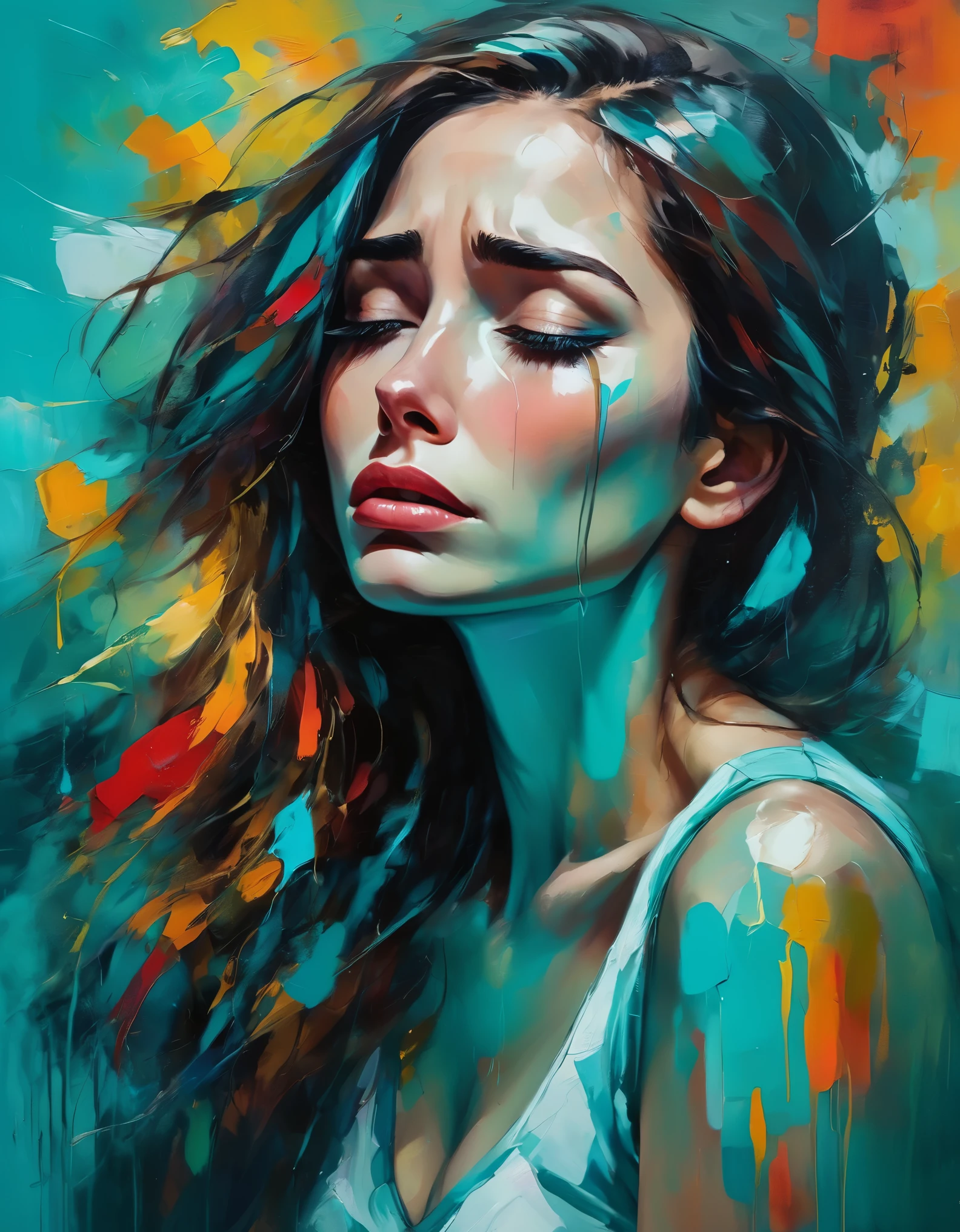 A tearful woman with a turquoise background, bright colors, colorful brushstrokes, oil painting style, expressive, abstract, high-level, full of emotions, mysterious lighting, dramatic, and deep sadness.