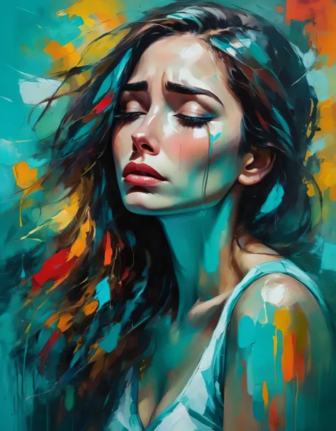 A tearful woman with a turquoise background, bright colors, colorful brushstrokes, oil painting style, expressive, abstract, hig...