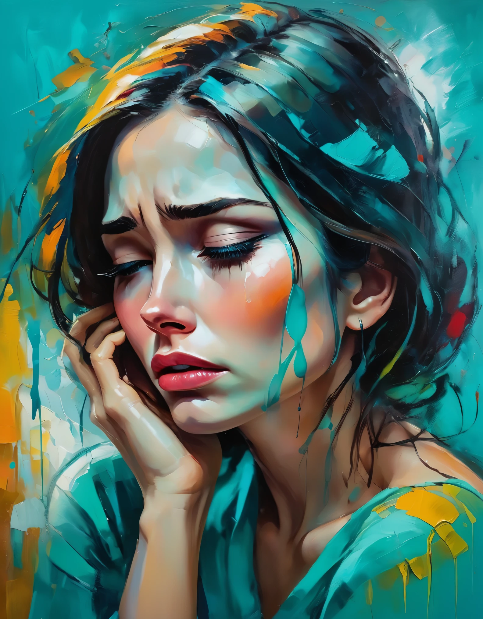 A tearful woman with a turquoise background, bright colors, colorful brushstrokes, oil painting style, expressive, abstract, high-level, full of emotions, mysterious lighting, dramatic, and deep sadness.