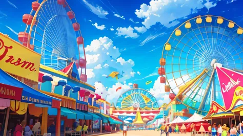 a carnival in the bright sunshine with blue skys, vibrant colors and bananas, ferris wheels and arcade games