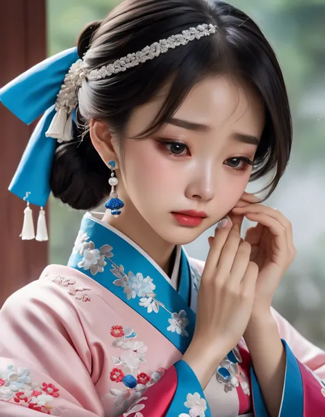 （Beautiful face of crying Chinese girl covering her face with handkerchief）, （With many, many tears in her eyes：1.3），（watery eye...
