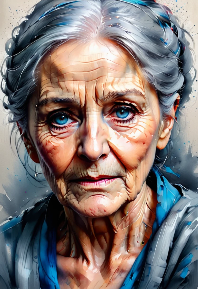 (best quality, ultra-detailed),one piece, old woman , crayng( detailed tears) ,haighly detailed portret, traditional oil painting,wise-looking eyes,blue eyes, wrinkled skin (detailed wrinkles),grey hair,sharp focus,carefully painted hands,portrait,soft lighting,neutral color tones,sophisticated,inspiring