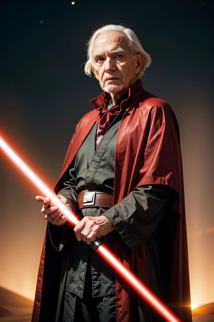 hyperrealism, photorealism, masterpiece, best quality, perfect detail, perfect lighting, professional photo, realistic photo, old man 100 years old, in a Sith costume, pale skin, red eyes, scary face, Sith cape, (dark hood, star wars universe, dark  desert, dim light, low light, muted color, gloomy atmosphere, depth of field, bokeh.