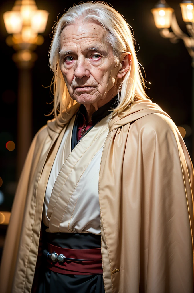 hyperrealism, photorealism, masterpiece, best quality, perfect detail, perfect lighting, professional photo, realistic photo, old man 100 years old, in a Sith costume, pale skin, red eyes, scary face, Sith cape, (dark hood, star wars universe, dark  desert, dim light, low light, muted color, gloomy atmosphere, depth of field, bokeh.