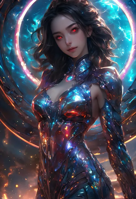 (1 beautiful teenage Italian girl),(wears iridescent bodysuit with beautiful fractal or marble design:1.5),(She wears gauntlets ...