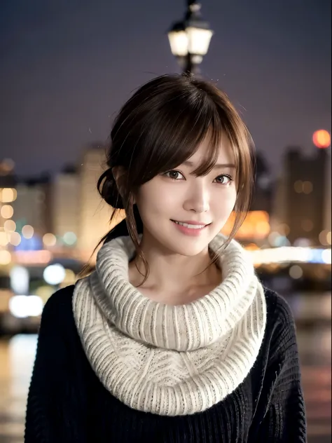 1 japanese girl,(Black sweater:1.4),(She wears a knitted snood around her neck to hide her chin........:1.5), (Raw photo, Best Q...