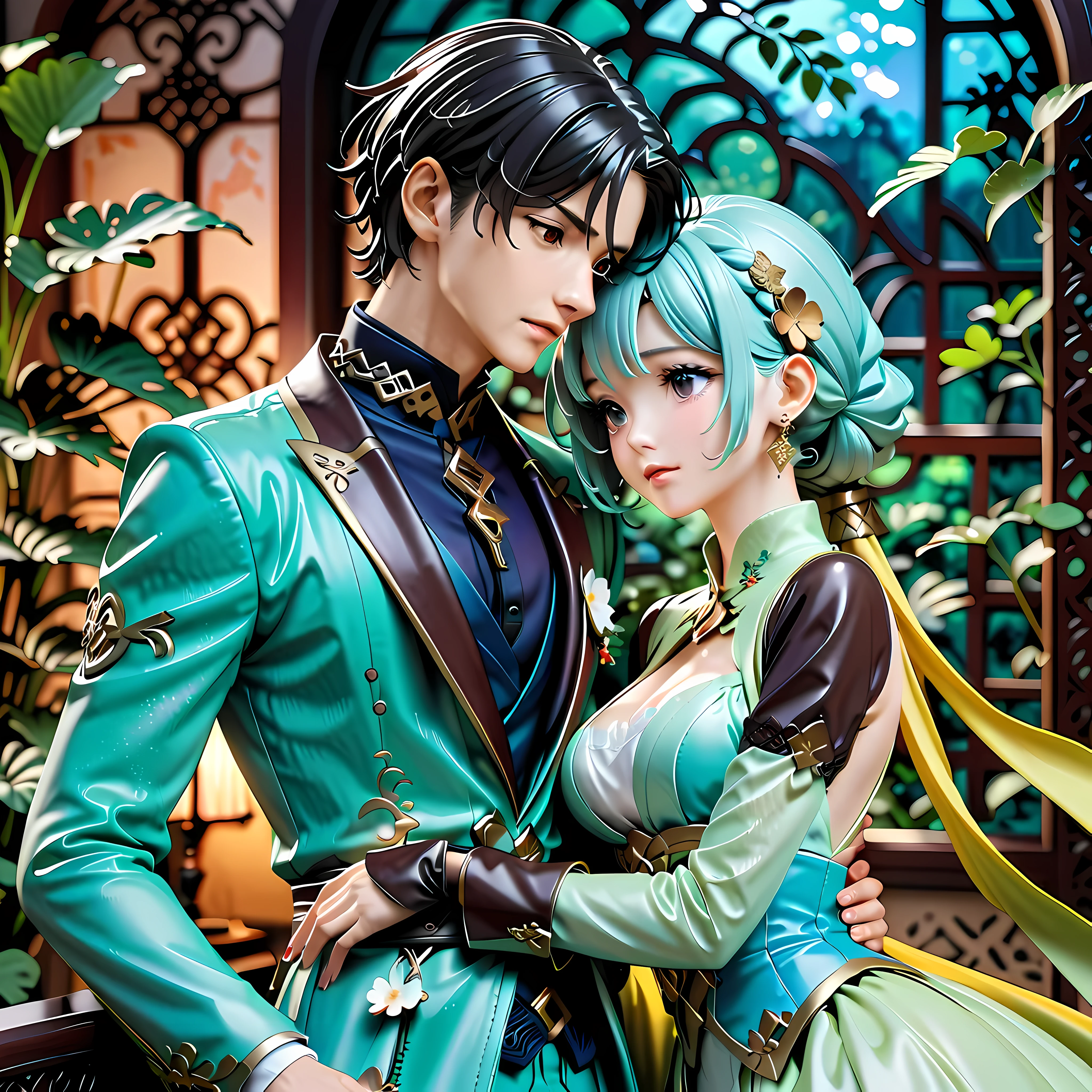 Long-distance lovers reunite in the second dimension, Emotions intertwined, with tears in eyes. hug each other lovingly, blurred background, Highlight emotional focus. Japanese animation style, delicate lines, pastel colors, Create a romantic and warm atmosphere. Princess and Knight theme, elegant clothing, Beautiful accessories, Show off the character. official art concept, Attention to detail, Highlight the emotional depth of the story