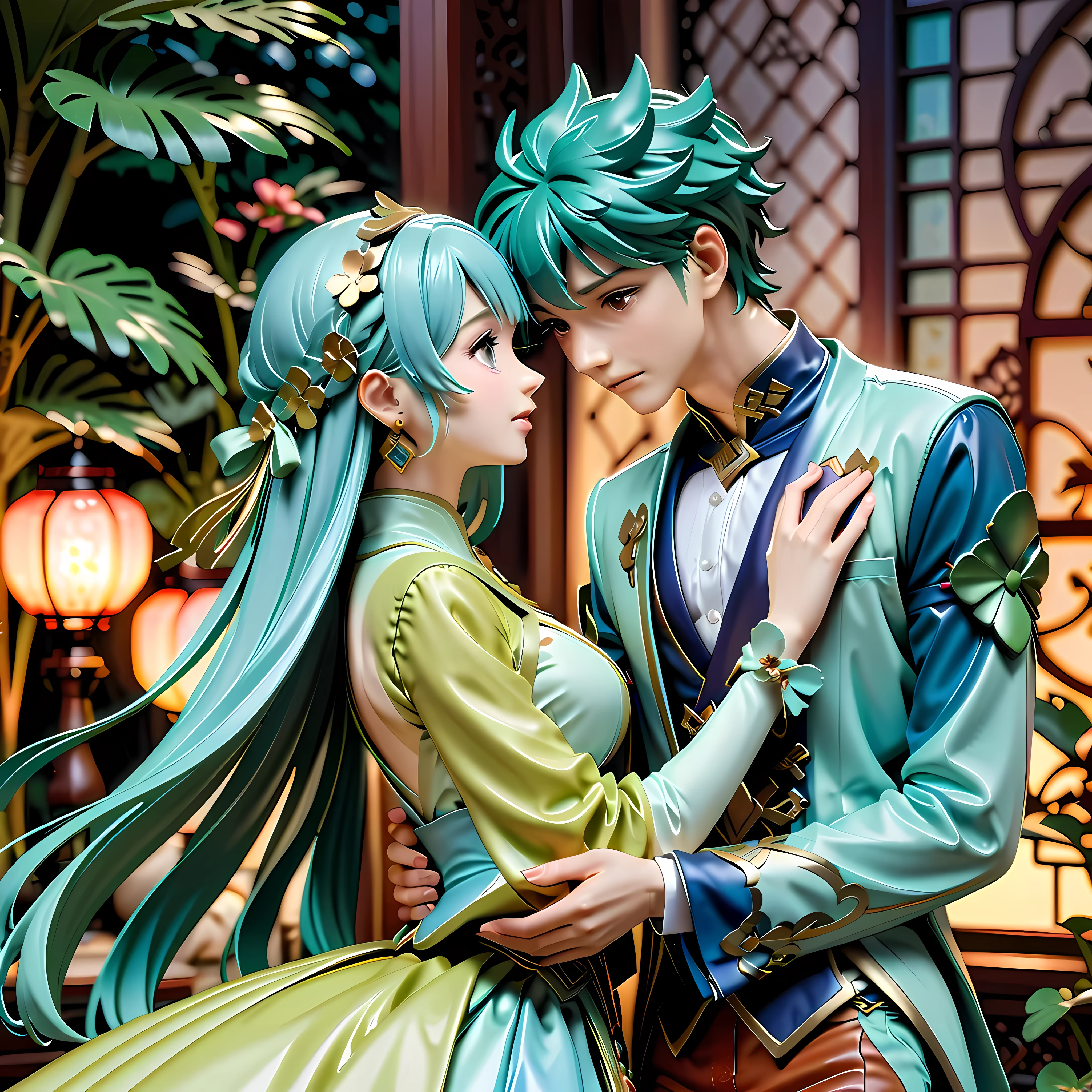 Long-distance lovers reunite in the second dimension, Emotions intertwined, with tears in eyes. hug each other lovingly, blurred background, Highlight emotional focus. Japanese animation style, delicate lines, pastel colors, Create a romantic and warm atmosphere. Princess and Knight theme, elegant clothing, Beautiful accessories, Show off the character. official art concept, Attention to detail, Highlight the emotional depth of the story