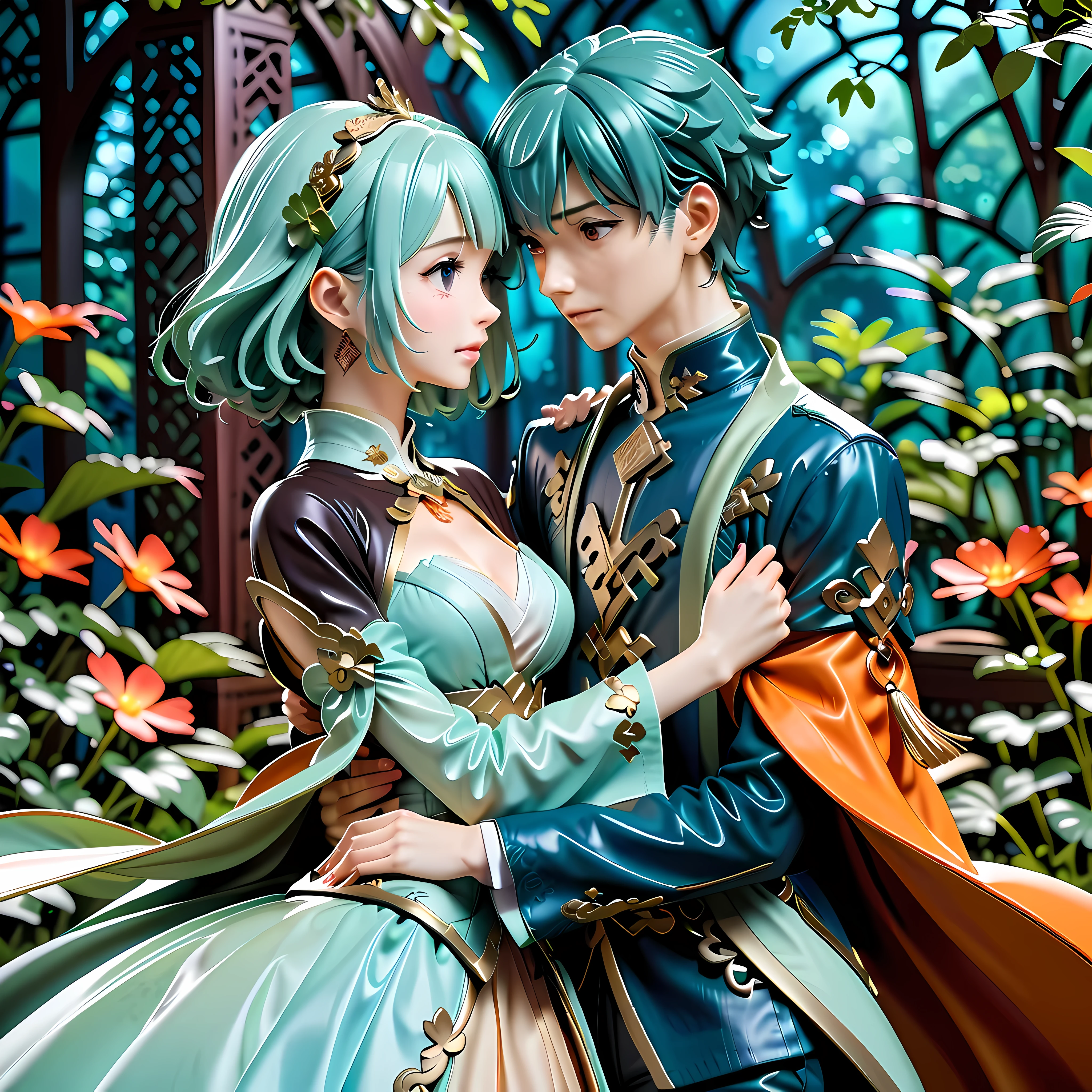 Long-distance lovers reunite in the second dimension, Emotions intertwined, with tears in eyes. hug each other lovingly, blurred background, Highlight emotional focus. Japanese animation style, delicate lines, pastel colors, Create a romantic and warm atmosphere. Princess and Knight theme, elegant clothing, Beautiful accessories, Show off the character. official art concept, Attention to detail, Highlight the emotional depth of the story