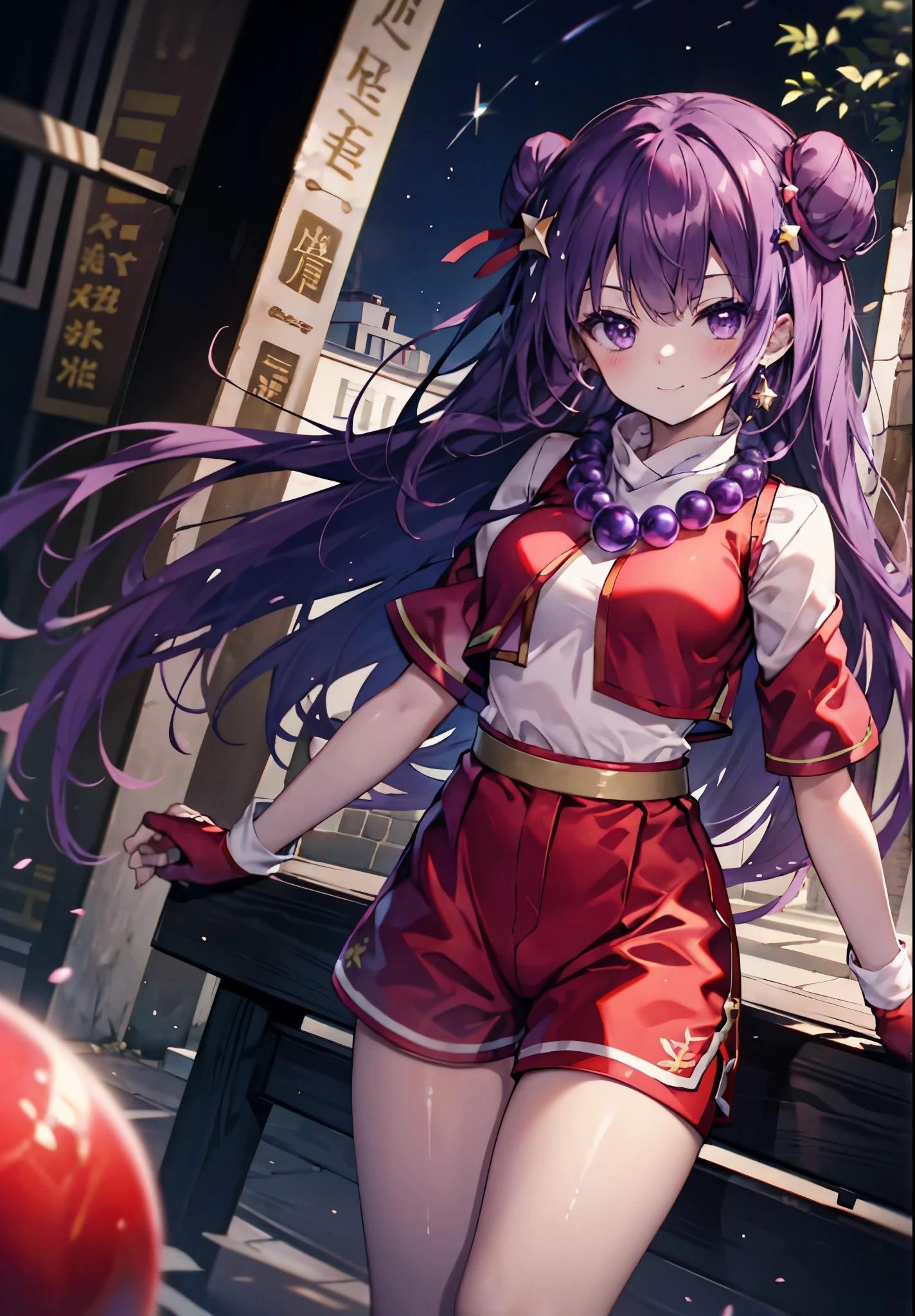 (masterpiece), (highest quality), (Super detailed), intricate details, athena 97, 1 girl, alone, purple eyes, purple hair, long hair, bun hair,white earrings, red hair band, star hair ornament, Medium breath,  purple spherical necklace, red fingerless gloves, red cheongsam ,shorts, short boots,(outdoor), photo shoot, smile, blush, Sunny, NSFW, cowboy shot, blurred background, street background,