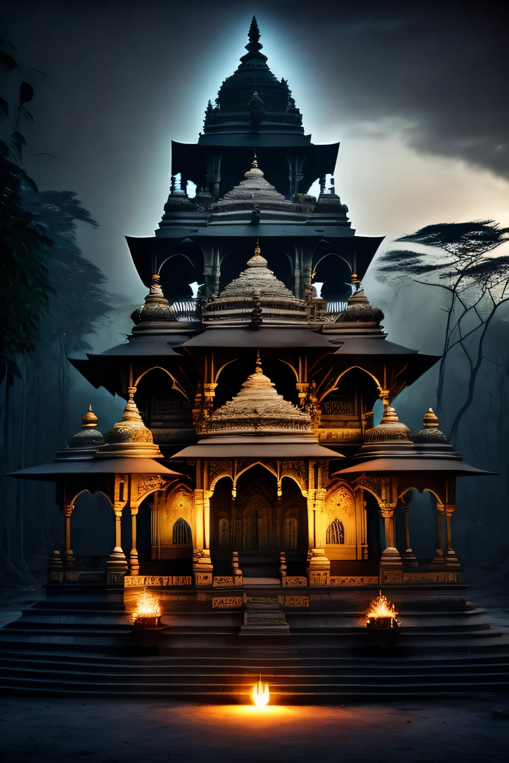 ((best quality)), (detailed), evil decor, effrayant, dieu Inde, Nuit, smoke, Haunted Forest, Inde, spirituality, Non, hindou, temple Indien, temple hindou, Architecture parfaite, architectural precision, (dehors) cannabis