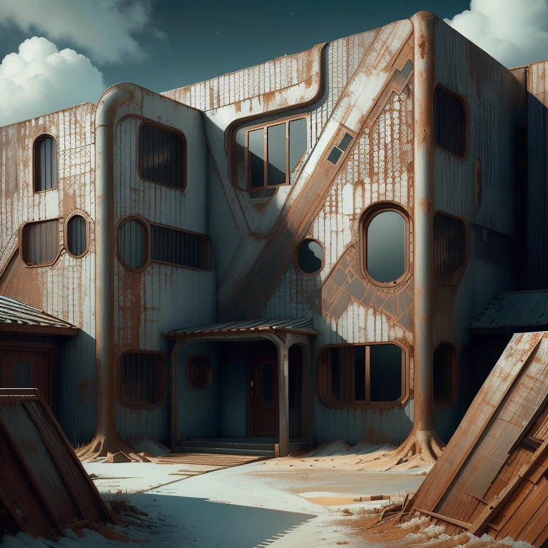 A house on a hill, made of rusty steel, stands in the forefront of the image, prominently displaying its oxidized texture. The house is surrounded by a white background, emphasizing its presence. The image quality is of the highest standard, with a resolution of 16k UHD, providing ultra-detailed and realistic visuals. 

The scene exudes a sci-fi atmosphere, with hints of futuristic technology incorporated into the design of the house. The lighting adds to the mysterious ambiance, casting dramatic shadows and creating a captivating visual effect. 

The house itself is architecturally intriguing, featuring unique angles, sharp edges, and unconventional shapes. The rusty steel material gives it an aged and weathered appearance, adding to its charm. 
 
In the background, a majestic hill rises, accentuating the prominence of the house. The hill is covered in lush greenery and provides a picturesque view, contrasting with the industrial aesthetic of the house. The combination of nature and technology creates an interesting juxtaposition within the image.