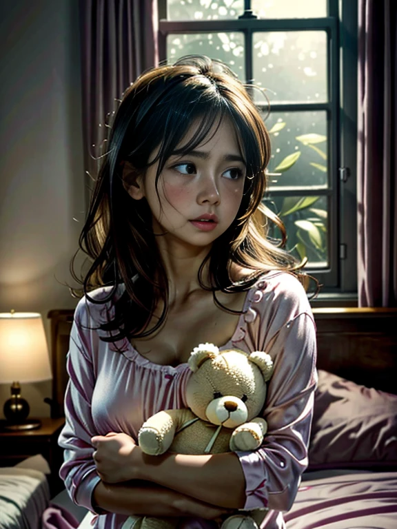 (highres,realistic:1.2),cute woman,mad woman,cartoonishly exaggerated sobbing,puffy cheeks,puffy eyes,tears shooting out like little streams of water,holding teddy bear,emotional meltdown,cute and expressive facial expressions,soft pastel colors,dramatic lighting,vibrant background,realistic tears,delicate textures,satin material for her pajamas,comfortable bedroom setting,soft sunlight filtering through the window,warm and cozy atmosphere,messy hair flying in the air