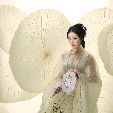 有一个穿着white dress的女人拿着扇子, palace ， girl wearing hanfu, inspired by tang yifen, inspired by qiu ying, white hanfu, inspired by tan...