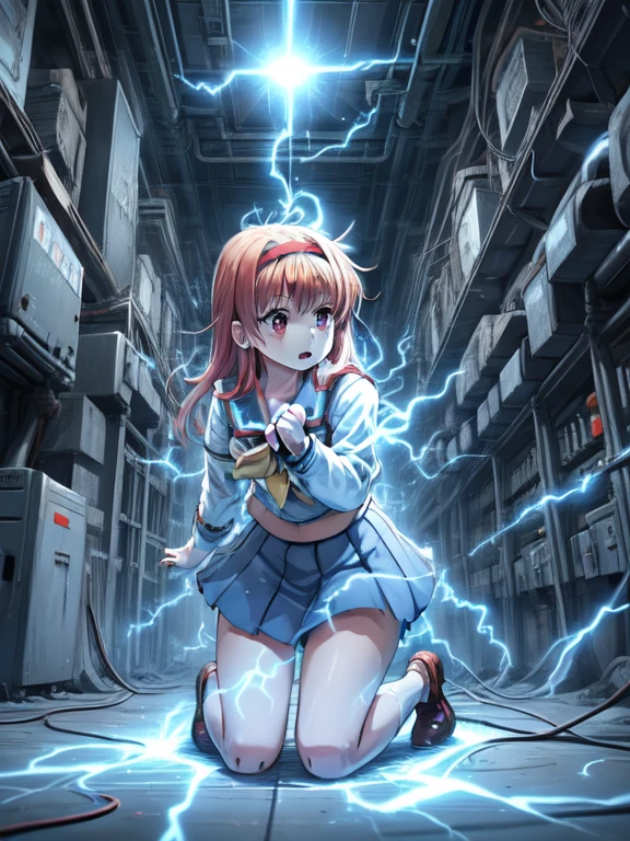 ,fujisaki shiori, yellow hairband, , serafuku, long sleeves, pleated skirt, pain,power lines,(((electricity,electric shock,electrokinesis,light background))),electic aura,psychic,plasma,machinery,cable,red monitor,alert,industrial pipe,computer,electric plug,air conditioner,explosion,full body,kneeling,