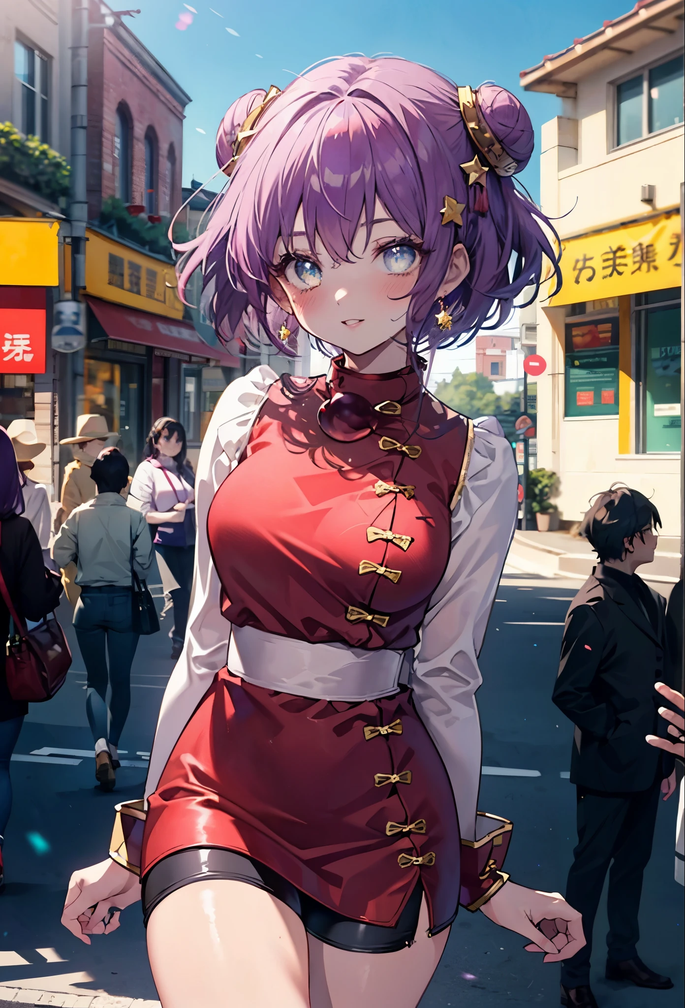 Athena Asamiya, they don&#39;t stop, short hair, hair ornaments, (purple eyes:1.1), purple hair, hair band, star \(symbol\), star hair ornaments, star (symbol), smile,blush,hair ornaments,Double bun hair at the bottom,red cheongsam, red handbag, t high s, blue shorts, lips, arm support, blush, blue sky, , brown footwear, shiny, parted lips, raise your hand, No sleeve,
break outdoors,In town,
break cowboy shot, looking at the viewer,
break (masterpiece:1.2), highest quality, High resolution, unity 8k wallpaper, (figure:0.8), (detailed and beautiful eyes:1.6), highly detailed face, perfect lighting, Very detailed CG, (perfect hands, perfect anatomy),