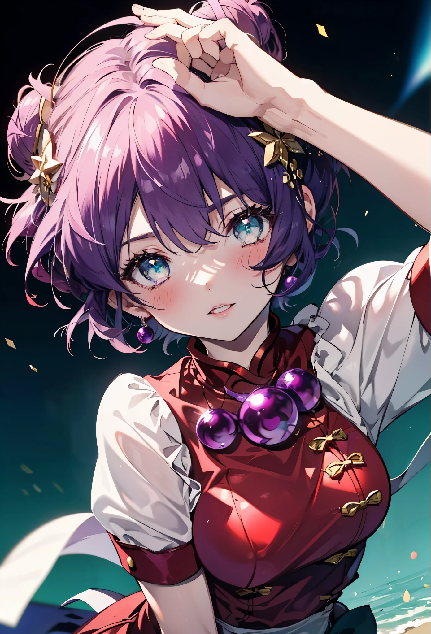 Athena Asamiya, they don&#39;t stop, short hair, hair ornaments, (purple eyes:1.1), purple hair, hair band, star \(symbol\), star hair ornaments, star (symbol), smile,blush,hair ornaments,Double bun hair at the bottom,red cheongsam, red handbag, t high s, blue shorts, lips, arm support, blush, blue sky, , brown footwear, shiny, parted lips, raise your hand, No sleeve,
break outdoors,In town,
break cowboy shot, looking at the viewer,
break (masterpiece:1.2), highest quality, High resolution, unity 8k wallpaper, (figure:0.8), (detailed and beautiful eyes:1.6), highly detailed face, perfect lighting, Very detailed CG, (perfect hands, perfect anatomy),