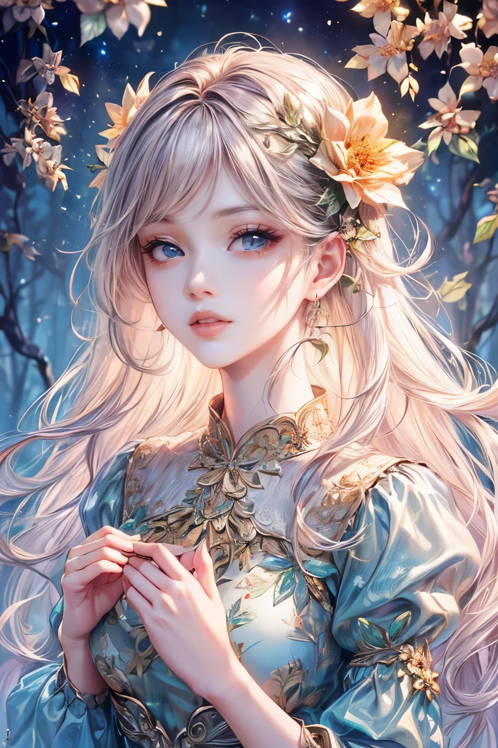 (high quality, 8K, CG, Upper body details,  girl, Floral Dress, forest background, detailed facial features, Elegant colorful hair, Almond-like eyes, Detailed eye makeup, long eyelashes fluttering, blinking big eyes, twinkling stars, Intricate lip details, The style is soft)