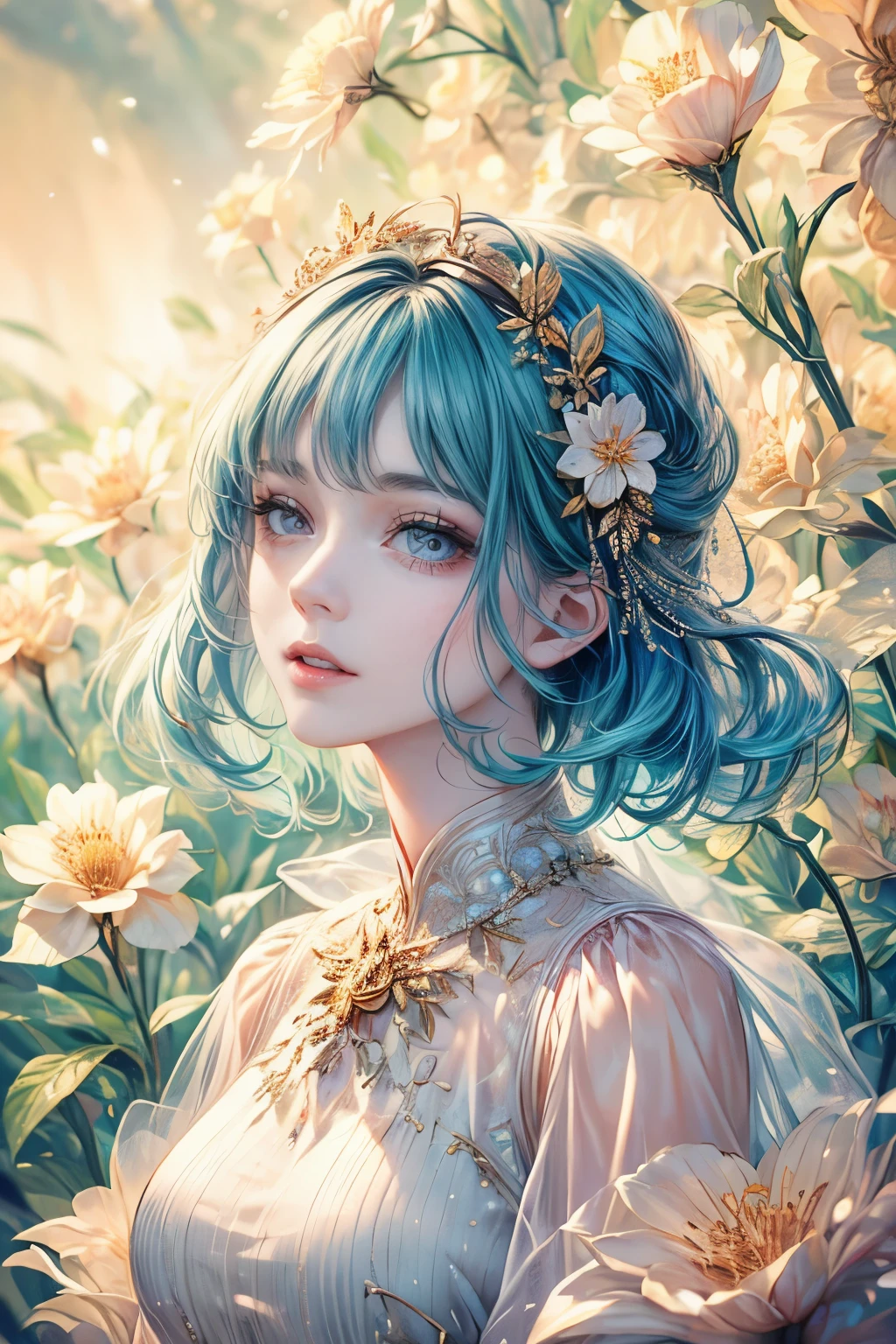 (high quality, 8K, CG, Upper body details,  girl, Floral Dress, forest background, detailed facial features, Elegant colorful hair, Almond-like eyes, Detailed eye makeup, long eyelashes fluttering, blinking big eyes, twinkling stars, Intricate lip details, The style is soft)