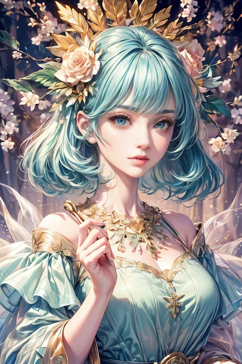 (high quality, 8K, CG, Upper body details,  girl, Floral Dress, forest background, detailed facial features, Elegant colorful ha...