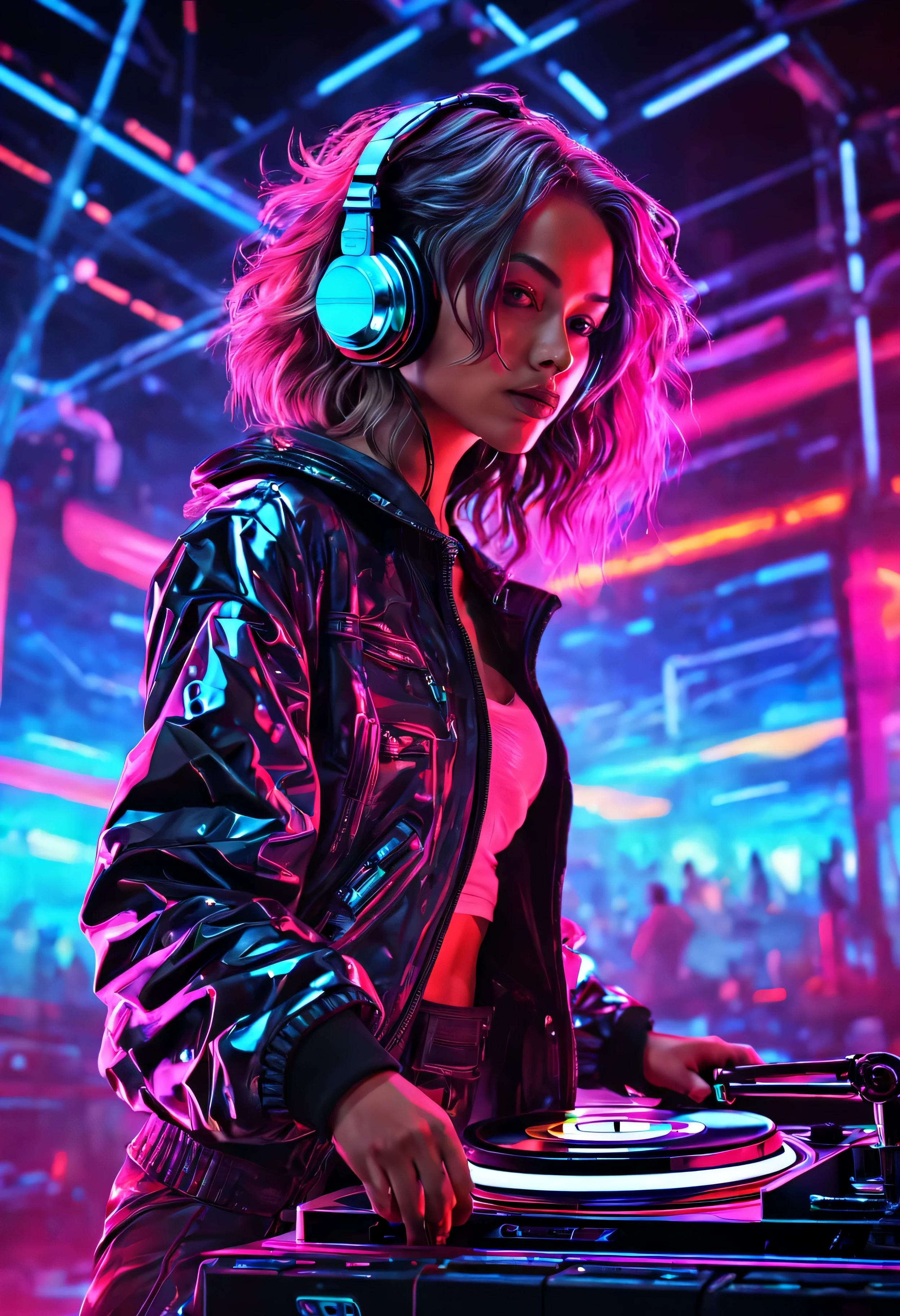 XSGB,portrait,1 girl,full body shot,dynamic,(Cyber DJ),(Mix music in a futuristic club:1.2),(glowing neon lights:1.1),Dynamic portrait of a cybernetic DJ mixing music in a futuristic club with bright neon lights,(holographic record player),(crowd dancing in the background),(Energy atmosphere:1.3),Capturing the energy of futuristic nightlife.,