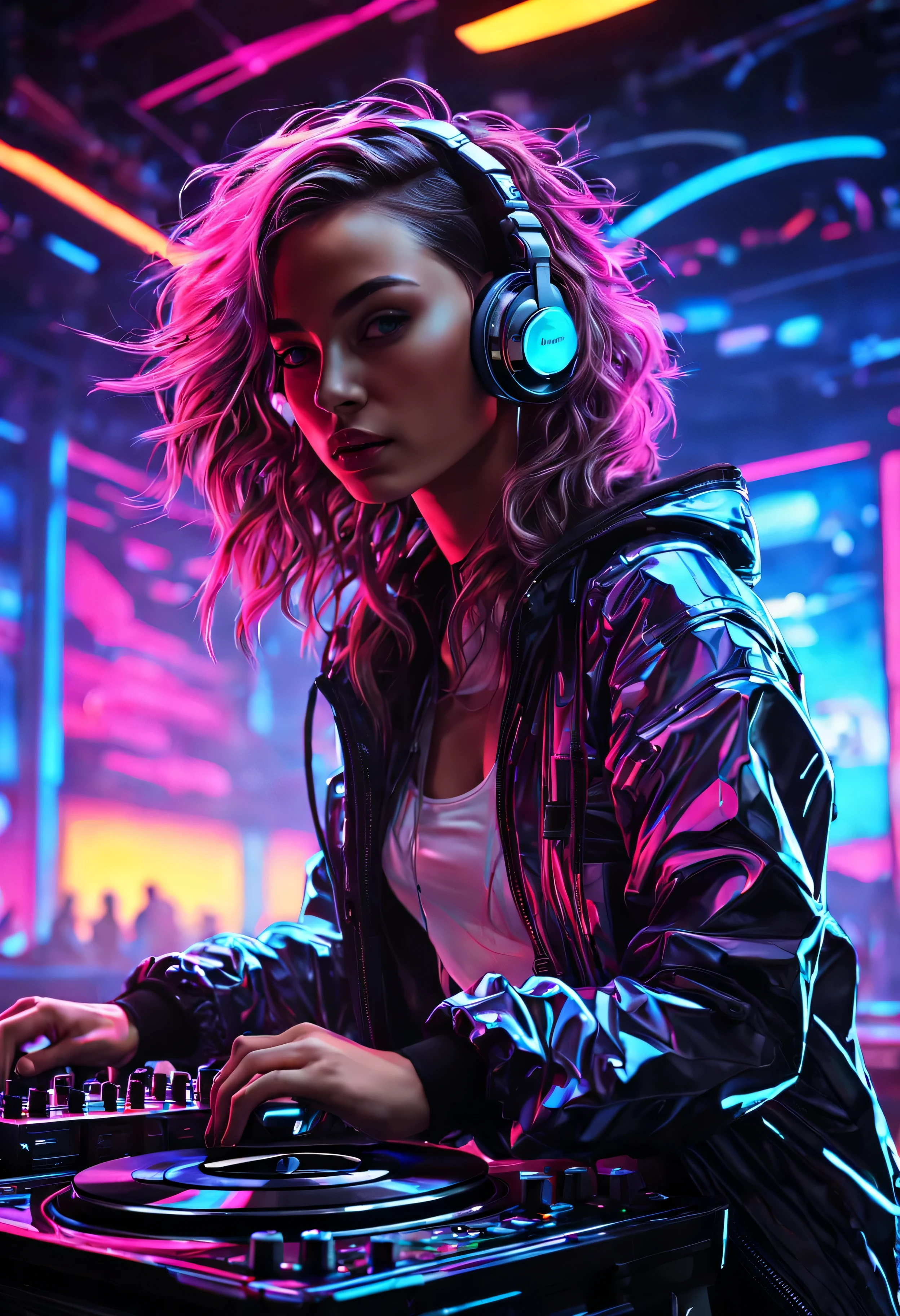 XSGB,portrait,1 girl,full body shot,dynamic,(Cyber DJ),(Mix music in a futuristic club:1.2),(glowing neon lights:1.1),Dynamic portrait of a cybernetic DJ mixing music in a futuristic club with bright neon lights,(holographic record player),(crowd dancing in the background),(Energy atmosphere:1.3),Capturing the energy of futuristic nightlife.,