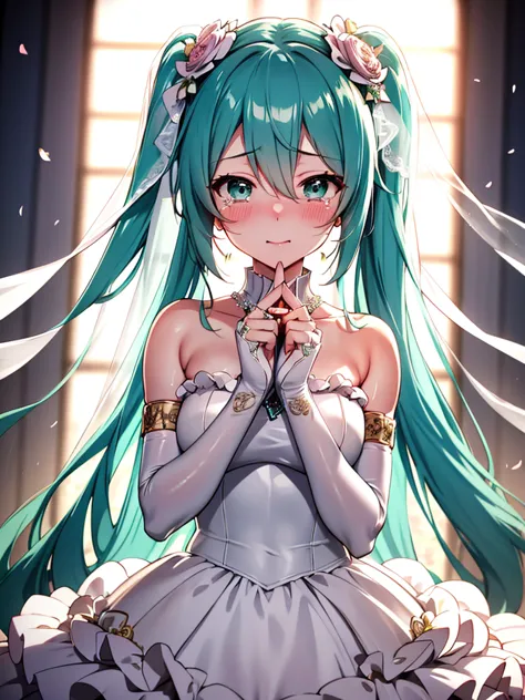 hatsune miku、blush、large tears、tears of joy、wedding dress, bridal gauntlets, bridal veil, wedding ring, uhd, retina, masterpiece...