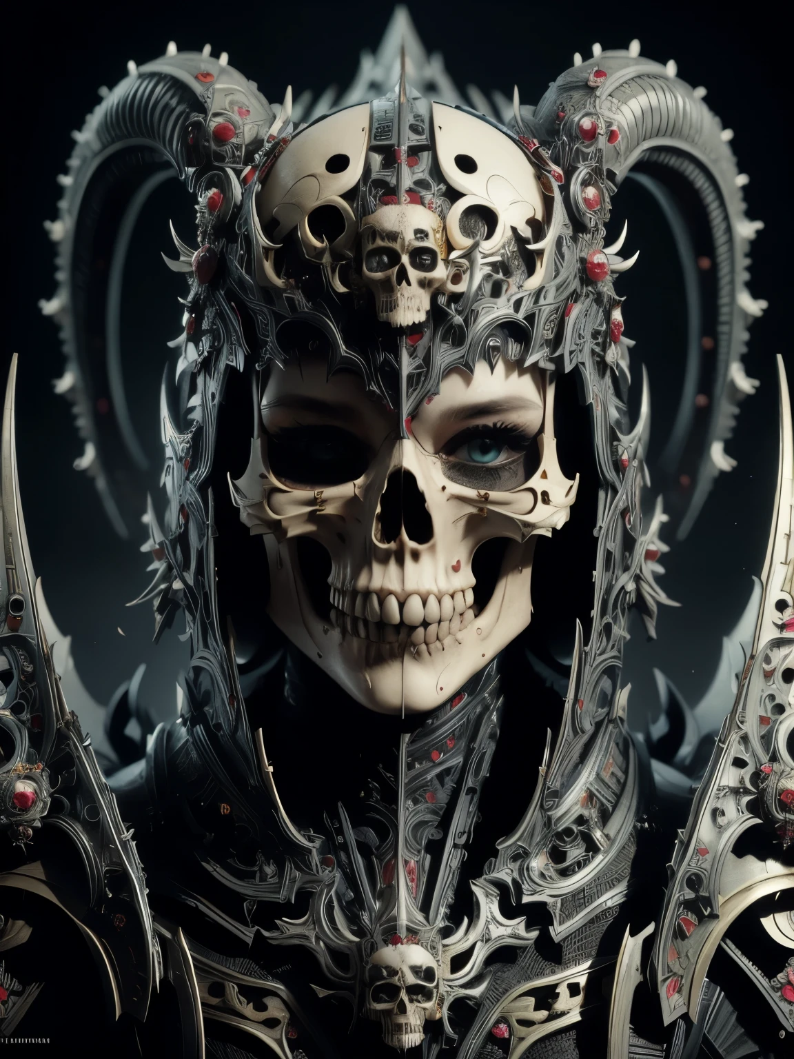 (high quality), (masterpiece), (detailed), 8K, Hyper-realistic portrayal of a futuristic (1girl1.2), Japanese character adorned in armor embellished with skull motifs. Meticulous details capture the fusion of tradition and innovation, evoking a sense of power and intrigue in this visually stunning composition. Trending on Artstation.