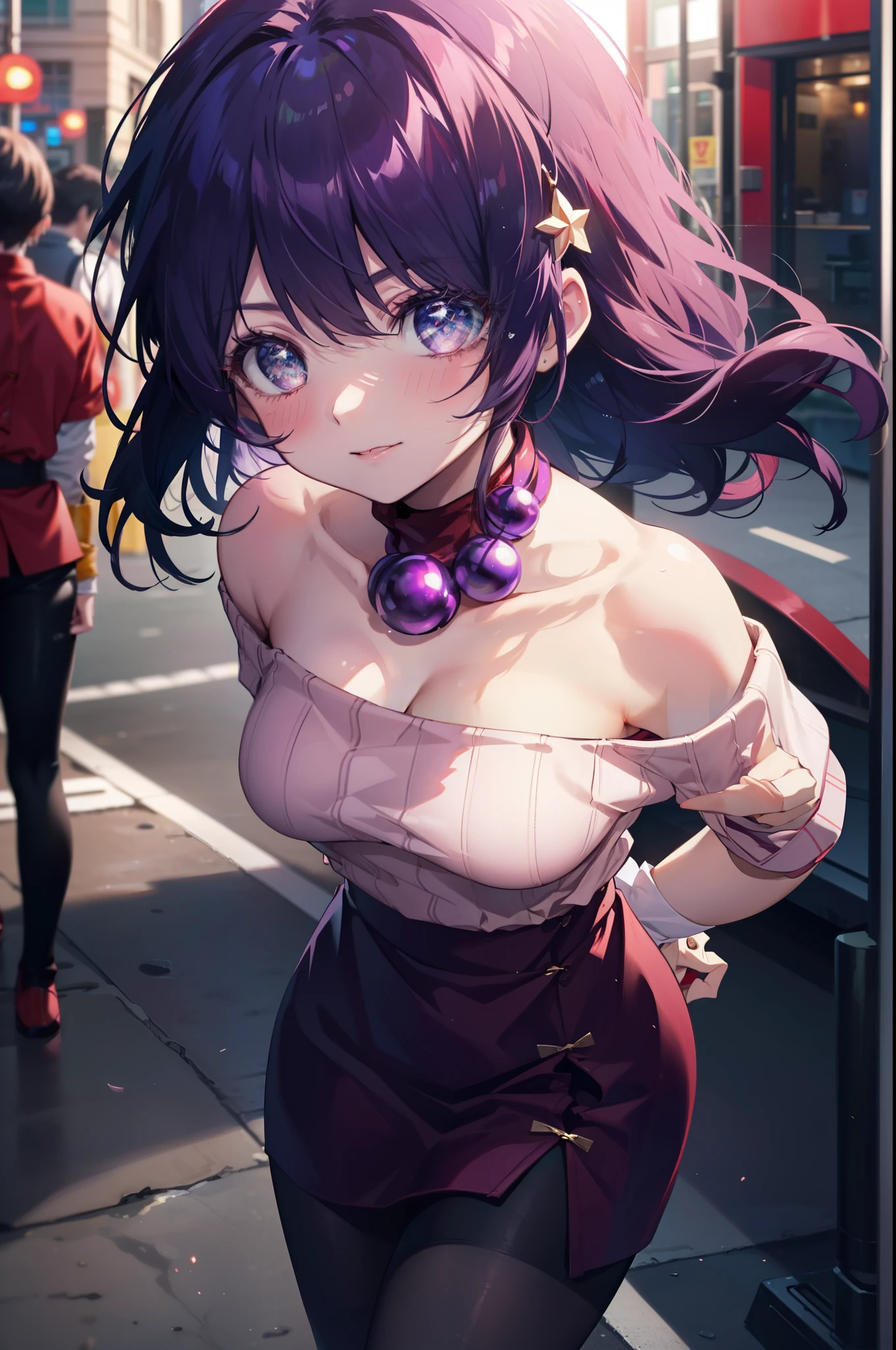 Athena Asamiya, Ellos don&#39;no te detengas, pelo largo, adornos para el cabello, (ojos morados:1.1), cabello purpura, banda para el cabello, estrella \(símbolo\), estrella adornos para el cabello, sonrisa,rubor,red banda para el cabello,suéter con hombros descubiertos,hombros descubiertos,bare clavicle,cuello desnudo,bermudas,pantimedias negras,botas cortas,
descansar al aire libre,paisaje urbano de estilo chino,
BREAK tiro de vaquero, mirando al espectador,
break (obra maestra:1.2), de la máxima calidad, Alta resolución, fondo de pantalla de unidad 8k, (cifra:0.8), (ojos detallados y hermosos:1.6), Cara muy detallada, Iluminación perfecta, CG muy detallado, (manos perfectas, anatomía perfecta),