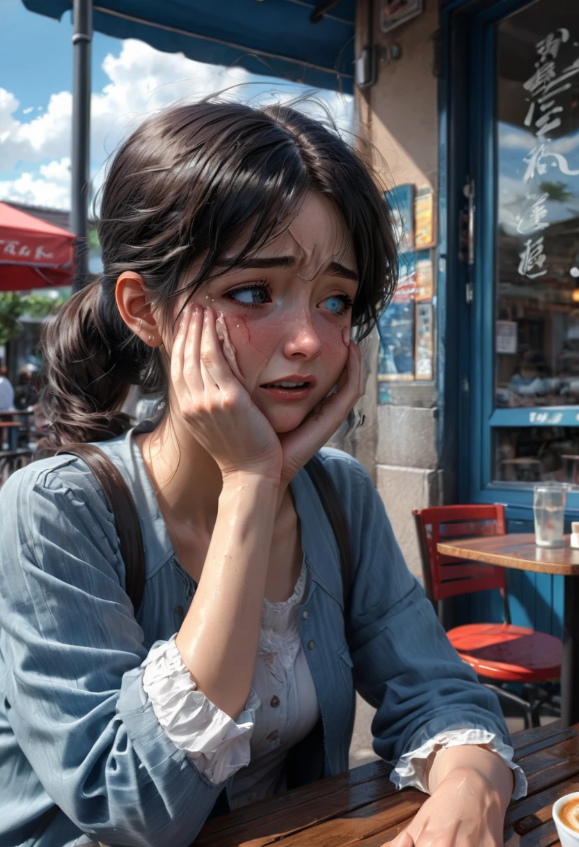 comic art style, anime realism, a young girl crying, tear, sit outside a cafe, (best quality, perfect masterpiece, Representative work, official art, Professional, high details, Ultra intricate detailed:1.3)