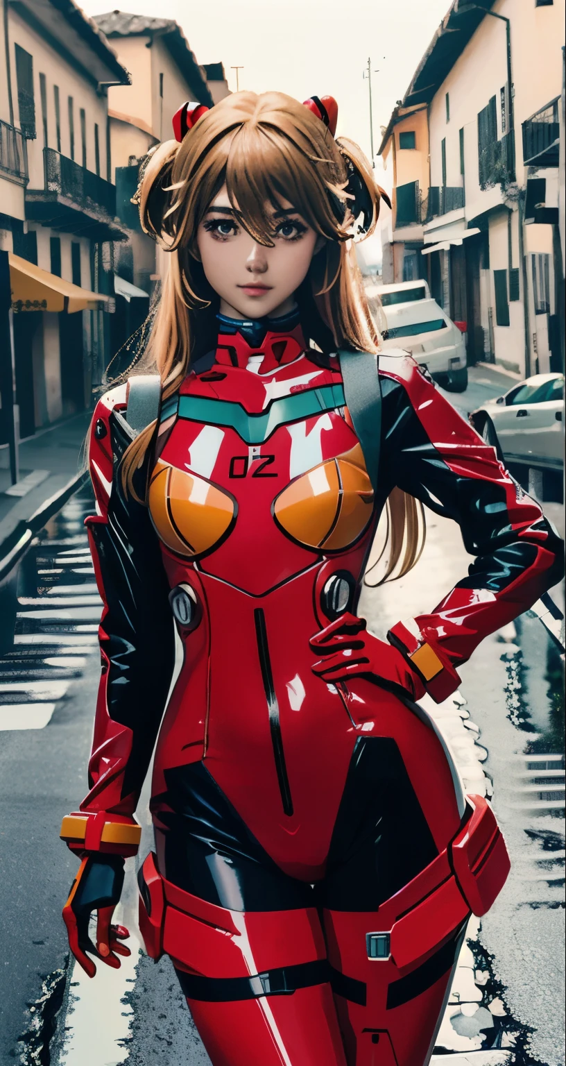 Mejor calidad, obra maestra, realista, photorealista, 1 chica, solo, mirando al espectador, cuerpo completo, de pie, por el ancho, traje de cosplay de Asuka, Cosplay, traje enchufable, mono, adorno para el pelo, antecedentes detallados, en la calle, Noche, luz, lluvia, sexi