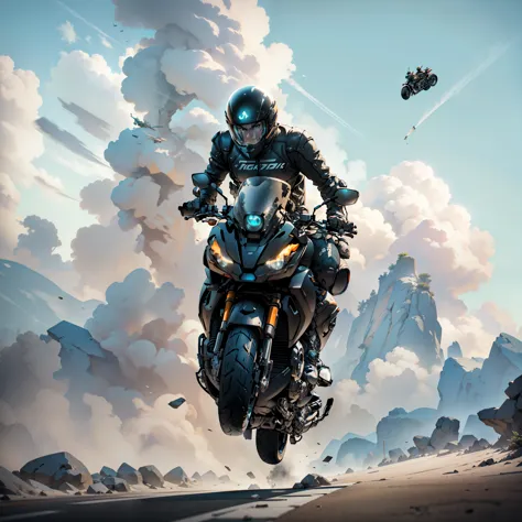 arafed man riding a motorcycle in the air with a helmet on, black octane render, motorbiker, motorcycle, in game capture 3d rend...