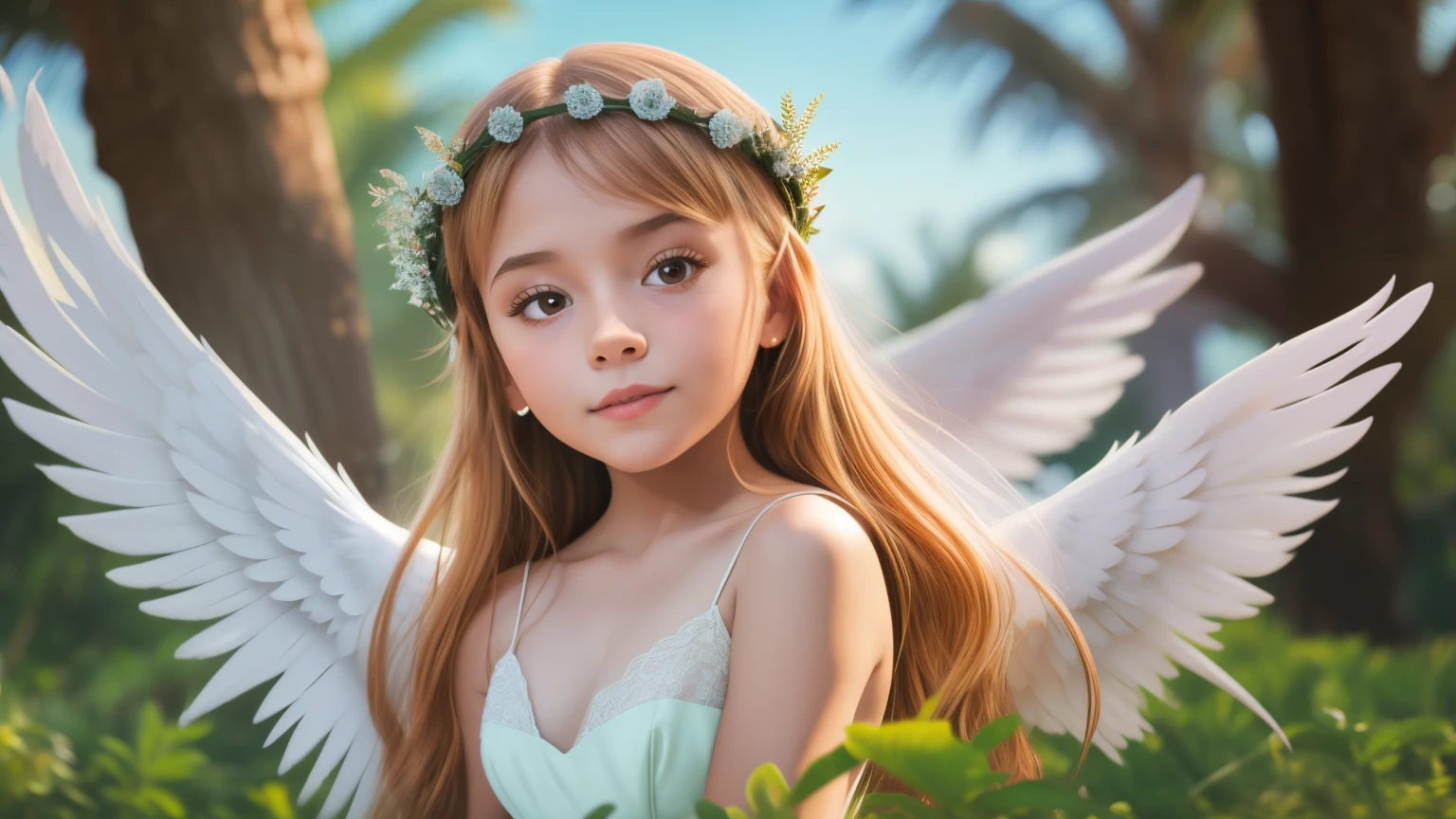 A beautiful 6-year-old blonde girl dressed as an angel with white wings and a halo on her head, de uma angel bonita, com asas de angel, do angel, angels em vestidos de gaze branca, usando halo de angel, asas de angel grande bem aberto, angel, envolvendo o rosto coberto de halo de angel, girl-centered panoramic view, full-body photos, de angel lindo