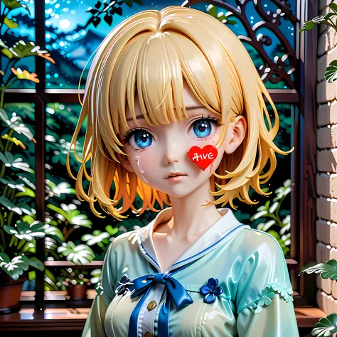 Anime style artwork of blonde girl with blue eyes by window on rainy night, Wearing a white shirt with a blue bow, crying emotic...