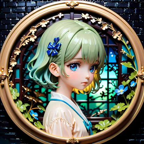 anime style artwork of blonde girl with blue eyes by window on rainy night, wearing a white shirt with a blue bow, crying emotic...