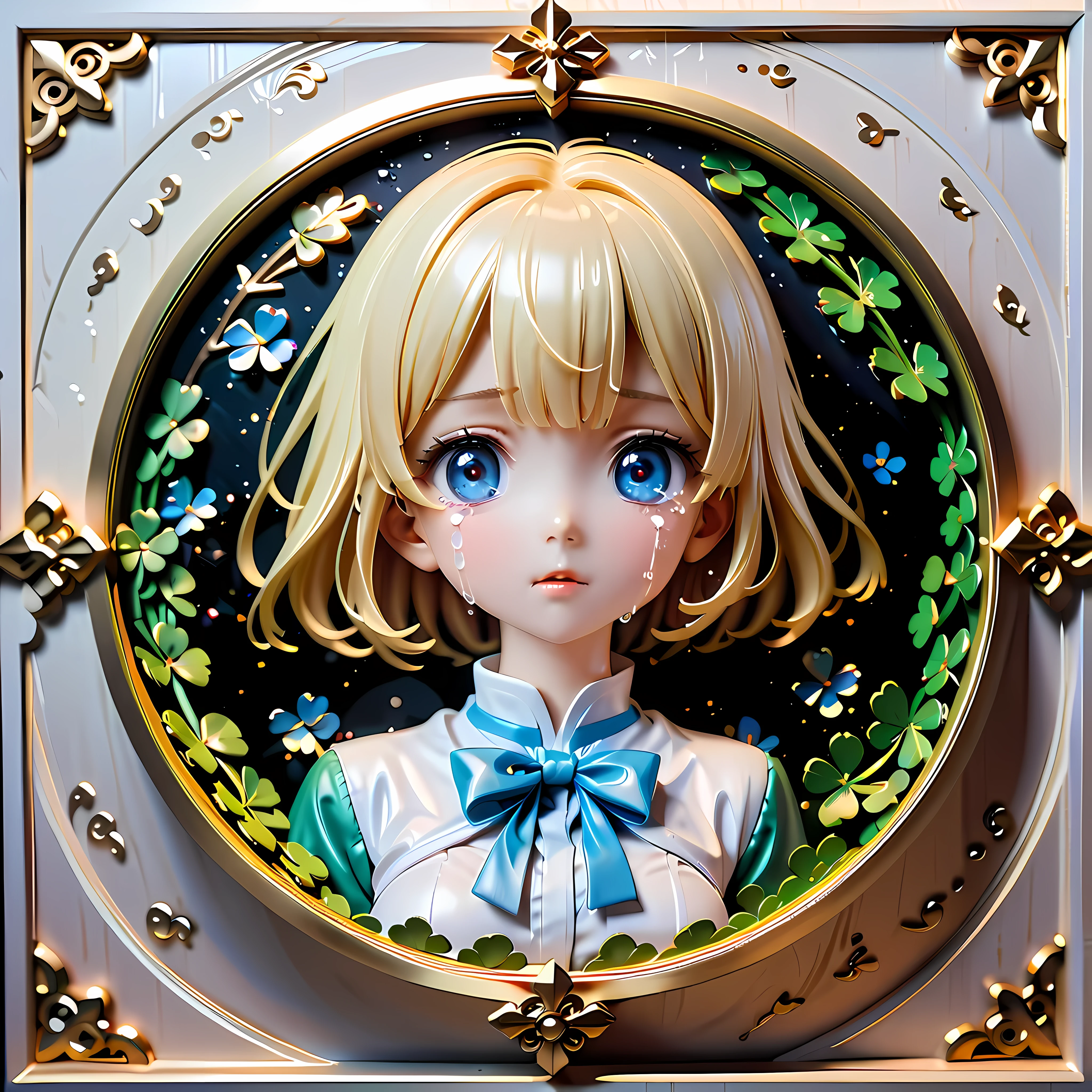 Anime style artwork of blonde girl with blue eyes by window on rainy night, Wearing a white shirt with a blue bow, crying emoticon. Immerse yourself in blue lights to create a dreamy atmosphere. Focus on facial details, Cultivate an emotional connection with your audience, convey a sense of distance, eager, and deep emotions
