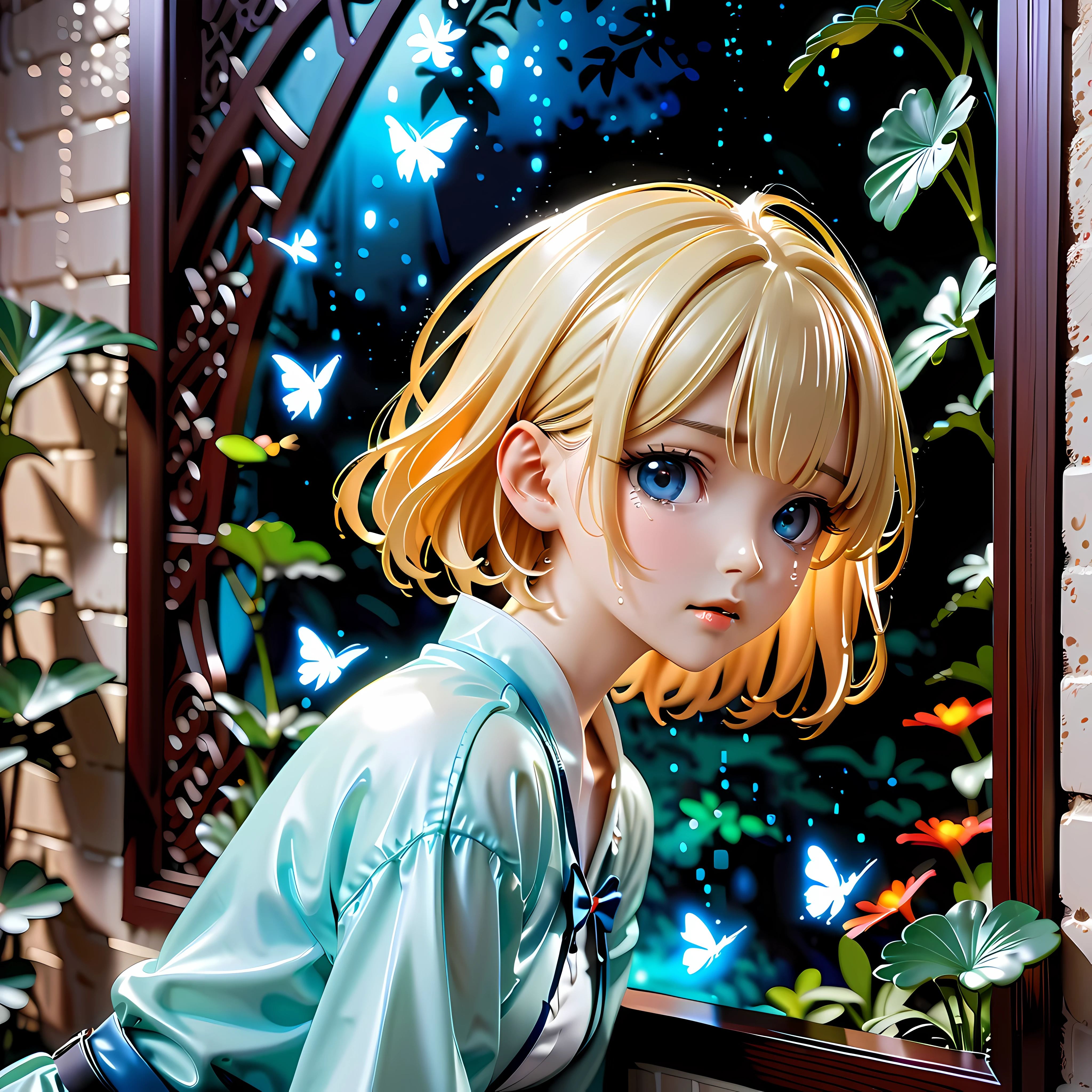 Anime style artwork of blonde girl with blue eyes by window on rainy night, Wearing a white shirt with a blue bow, crying emoticon. Immerse yourself in blue lights to create a dreamy atmosphere. Focus on facial details, Cultivate an emotional connection with your audience, convey a sense of distance, eager, and deep emotions
