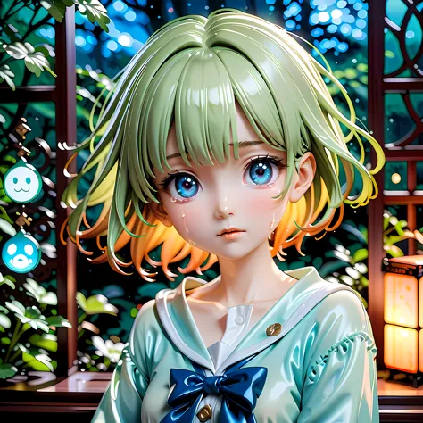 Anime style artwork of blonde girl with blue eyes by window on rainy night, Wearing a white shirt with a blue bow, crying emotic...